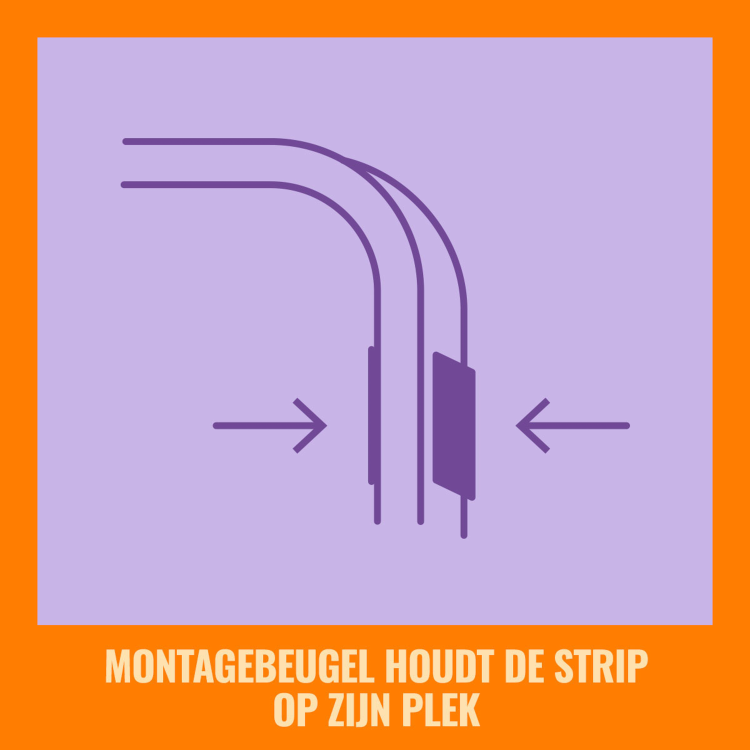 Paars pictogram met lijnen en pijlen. De tekst zegt 'Montagebeugel houdt de strip op zijn plek'.