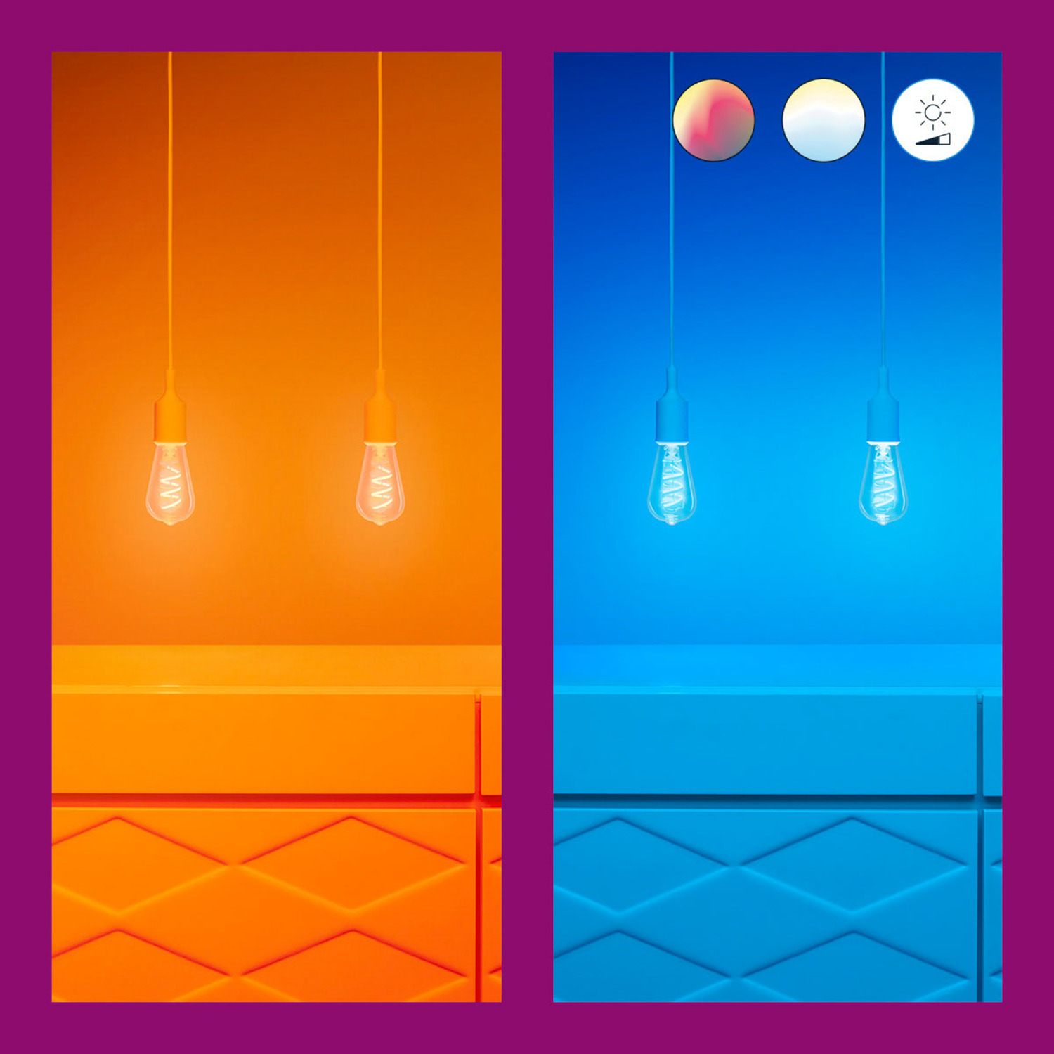 Deux lampes suspendues avec différents réglages de lumière. Arrière-plans orange et bleu.