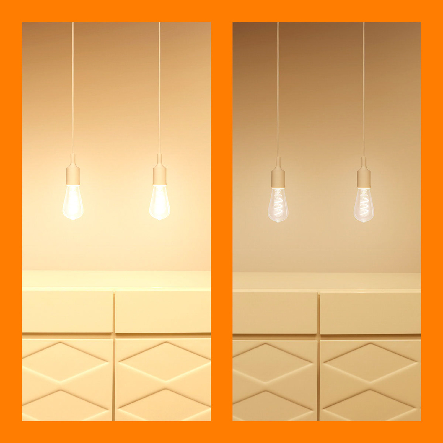Deux ampoules suspendues, une allumée avec une lumière chaude, l'autre brillante.