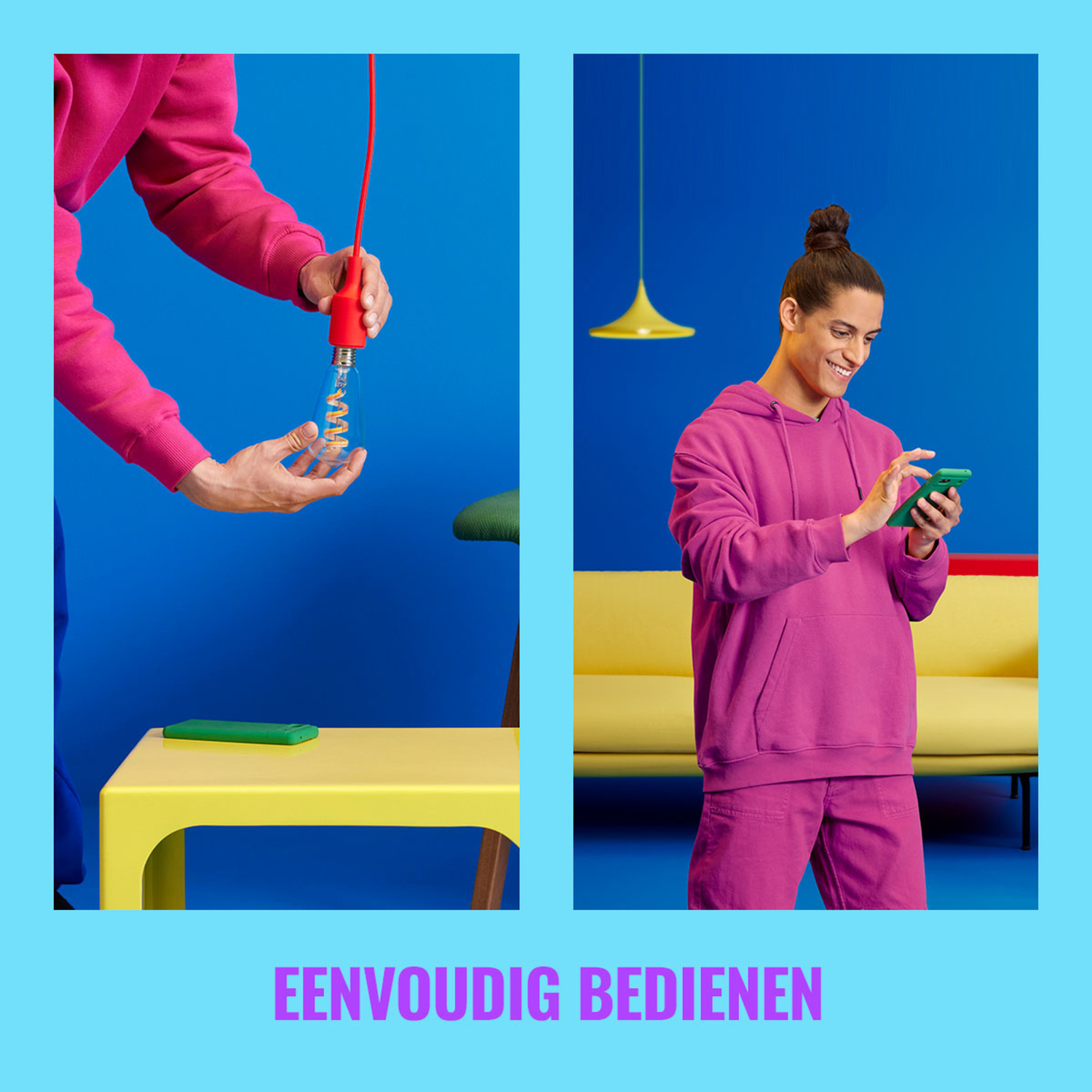 Twee afbeeldingen: een persoon die een gloeilamp vasthoudt en een ander die een telefoon gebruikt.