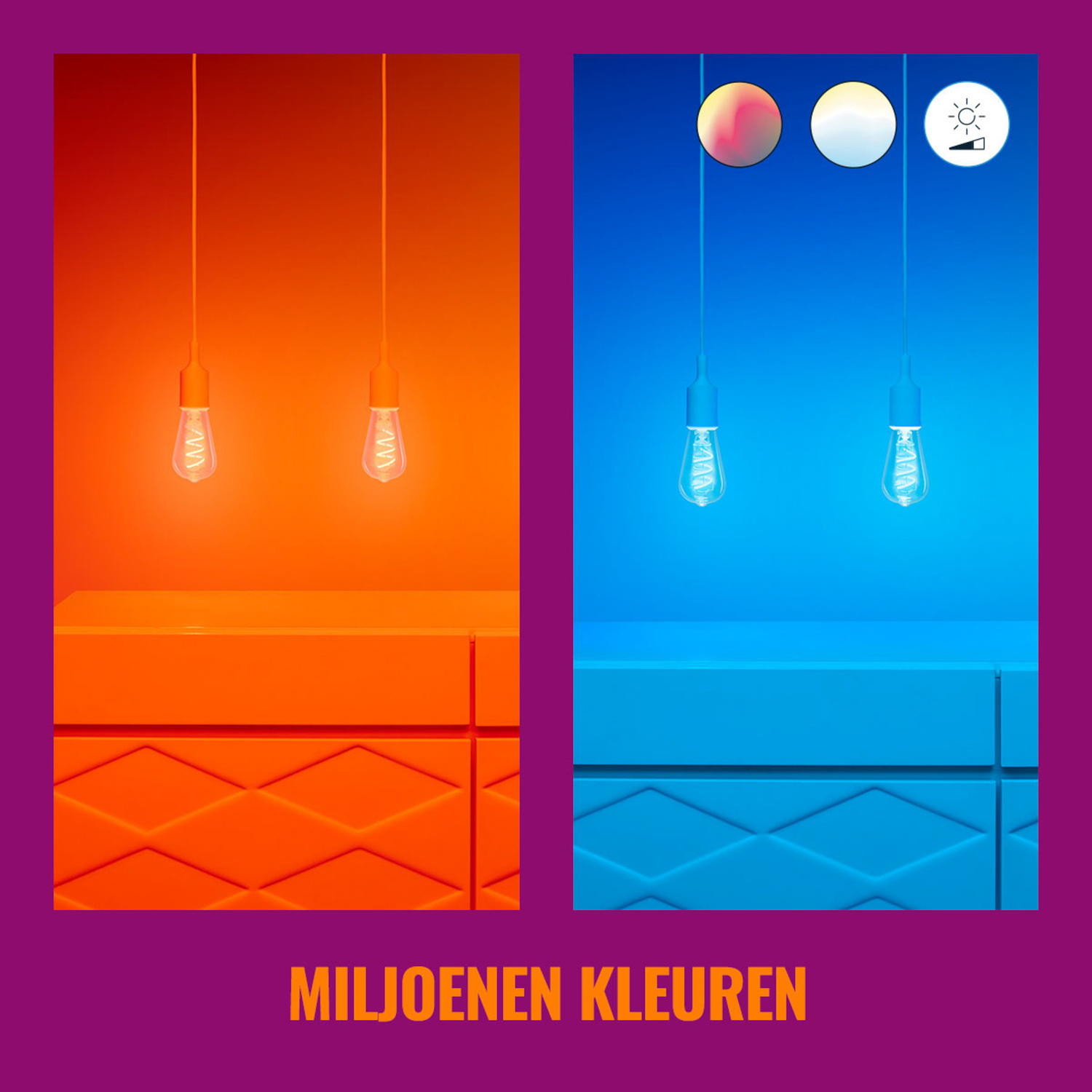 Twee afbeeldingen naast elkaar. Verschillende gekleurde lichten van lampen boven oranje en blauwe kasten.