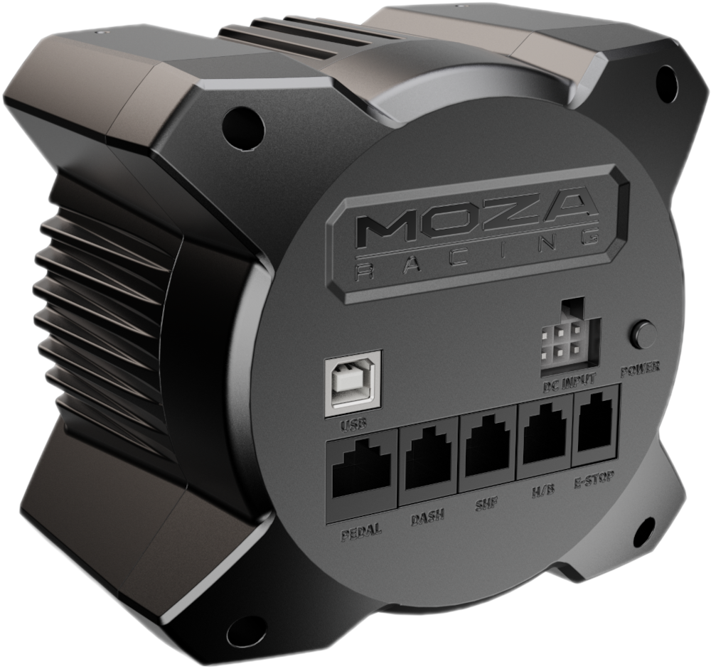 Fekete MOZA Racing eszköz USB-vel, PC IN-nel és egyéb látható portokkal.