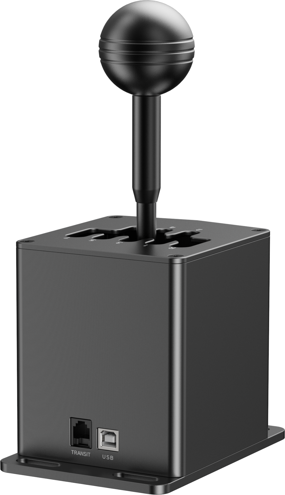 Fekete sebességváltó gombbal, téglalap alakú alapon, transit és USB portokkal.