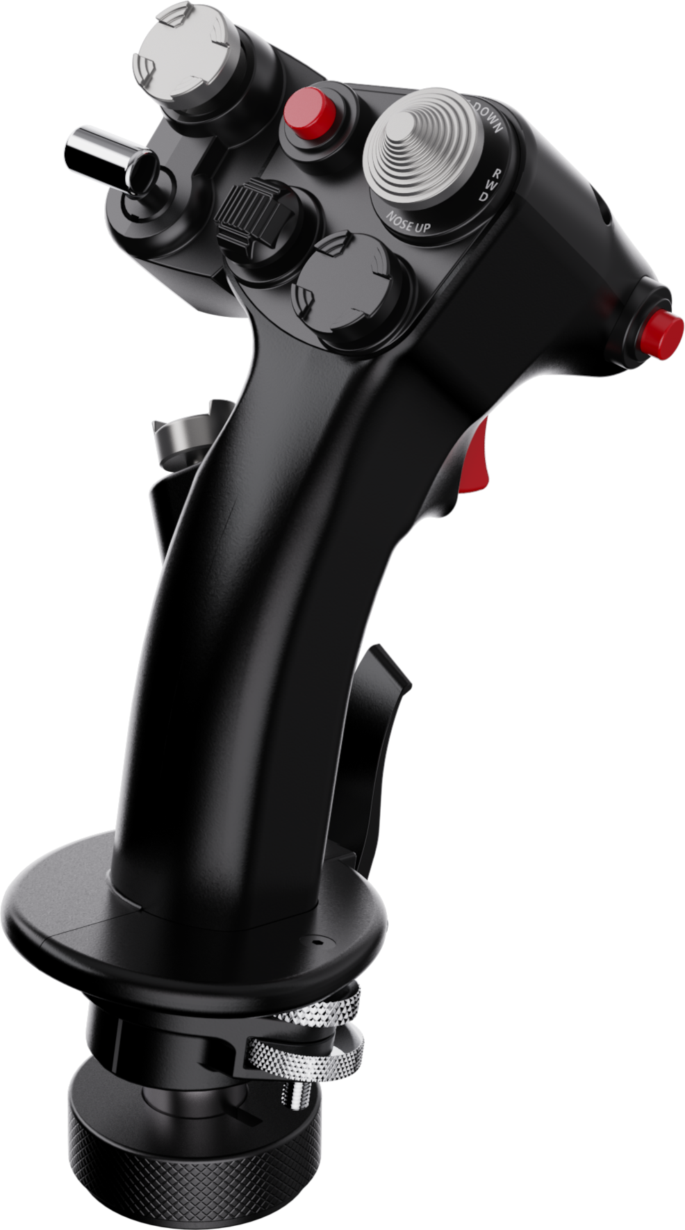 Fekete joystick vezérlő gombokkal és piros ravasz, különféle vezérlő elemekkel.
