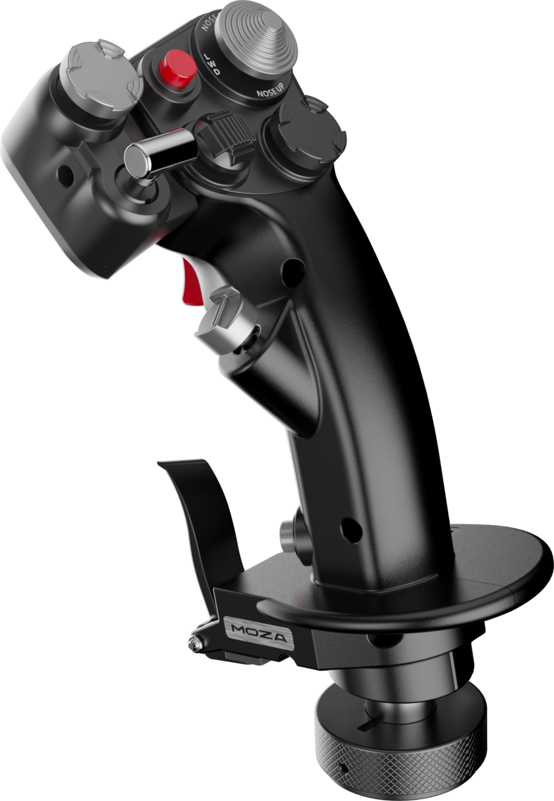 Fekete joystick többféle gombbal és egy piros ravaszsal fekete háttérrel.