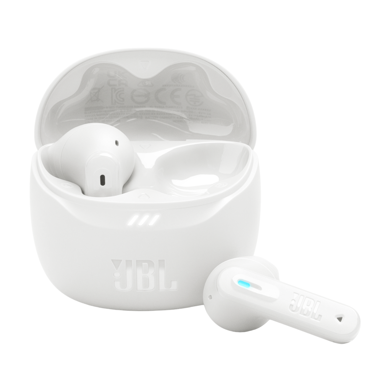 White JBL earbuds and charging case. One earbud is outside the case. The case is open.