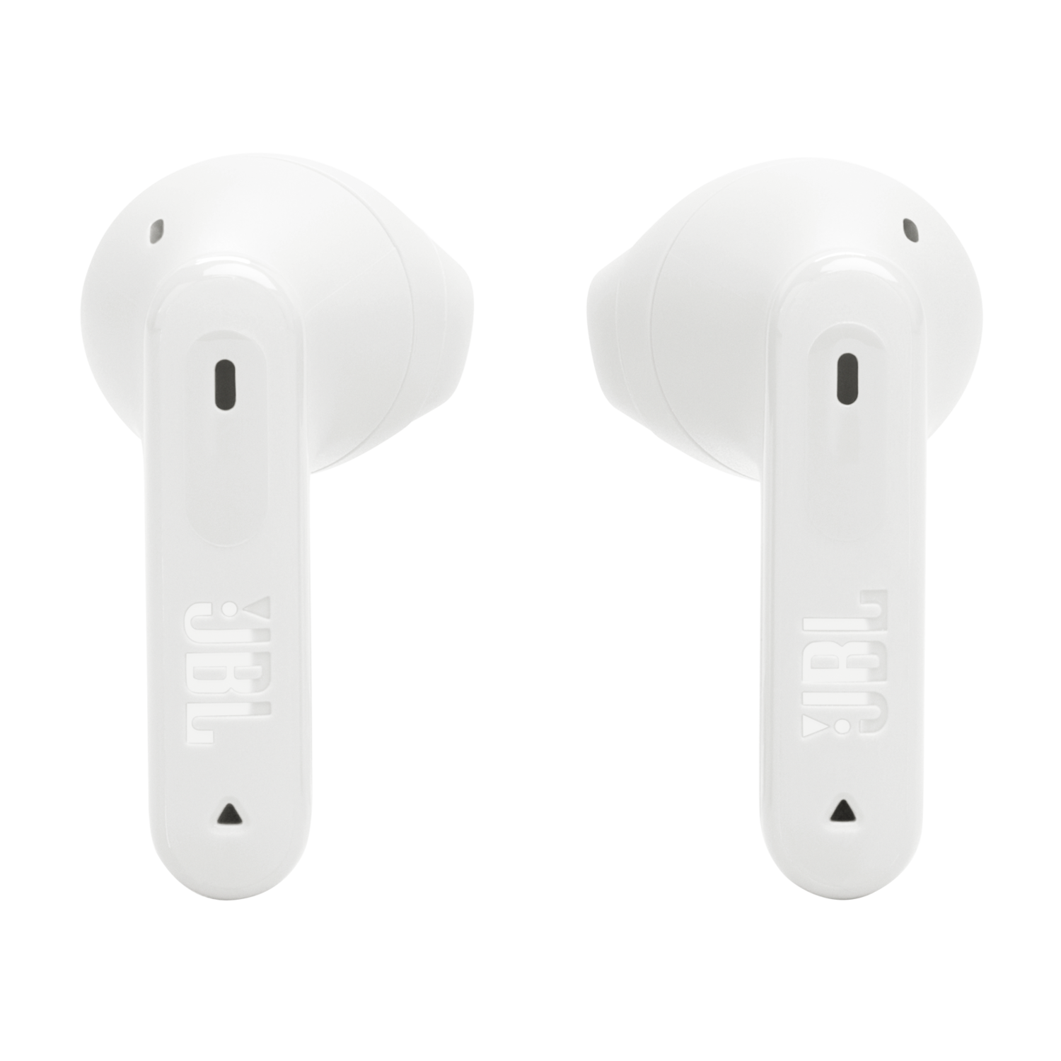White JBL earbuds. The earbuds are standing on a black background.