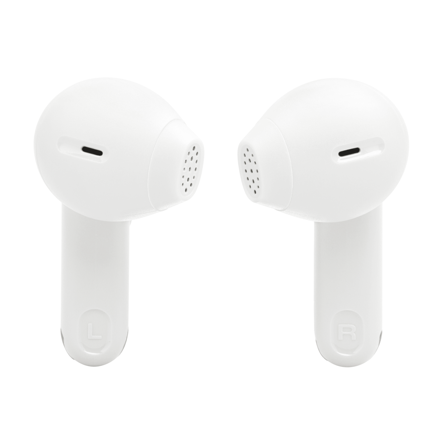 Two white earbuds, each with a speaker grill and a small L/R marking.
