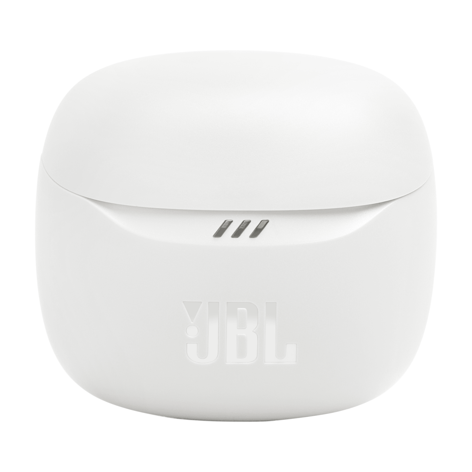 A white charging case for earbuds with the JBL logo and three small, grey bars.