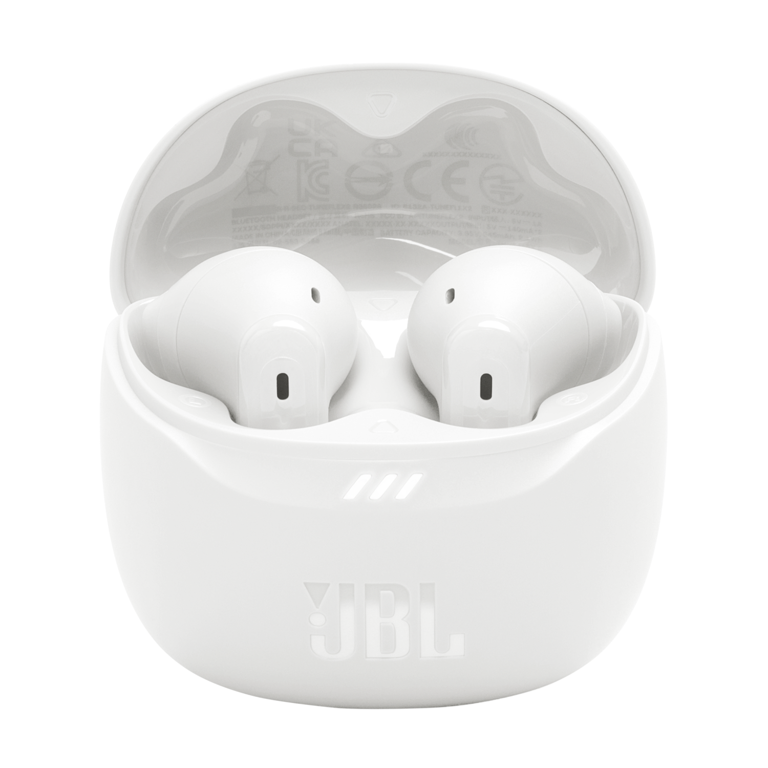 White earbuds in a white charging case. The case is open, showing the earbuds inside. JBL logo visible.