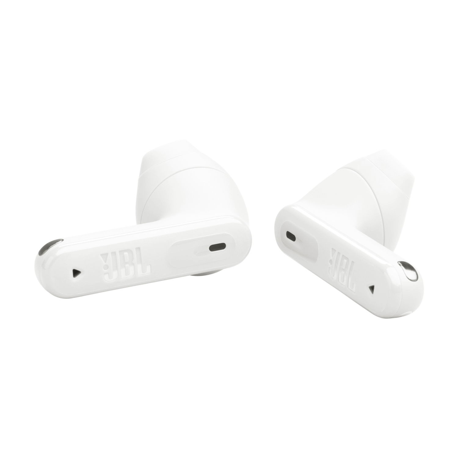 Two white JBL earbuds, angled, on a dark background.