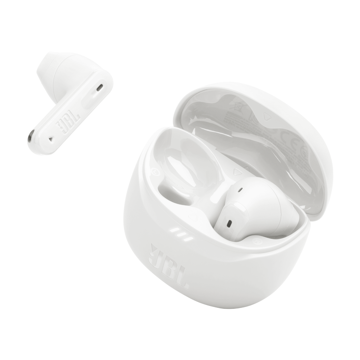 White JBL earbuds with charging case, isolated on black.
