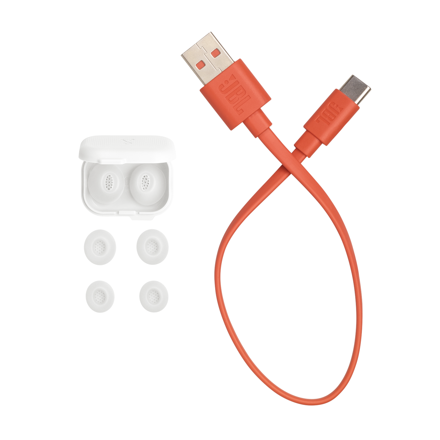 JBL earbuds, charging case, and a red USB cable, against a black background.
