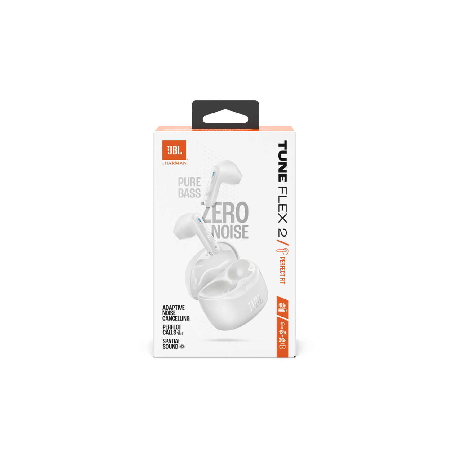 White JBL Tune Flex 2 earbuds in their case. The box shows the earbuds and features.