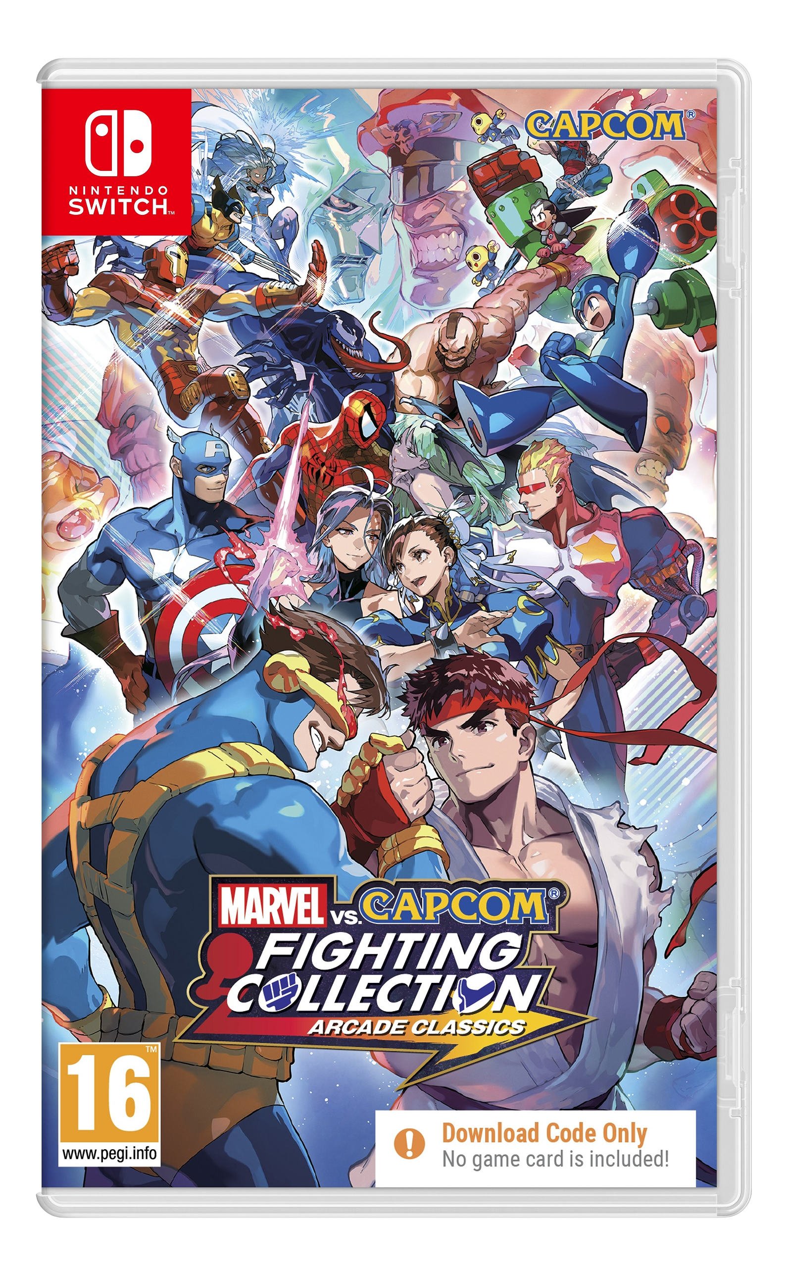 Boîte de jeu vidéo avec des personnages Marvel et Capcom en position de combat. Titre : Marvel vs. Capcom Fighting Collection.