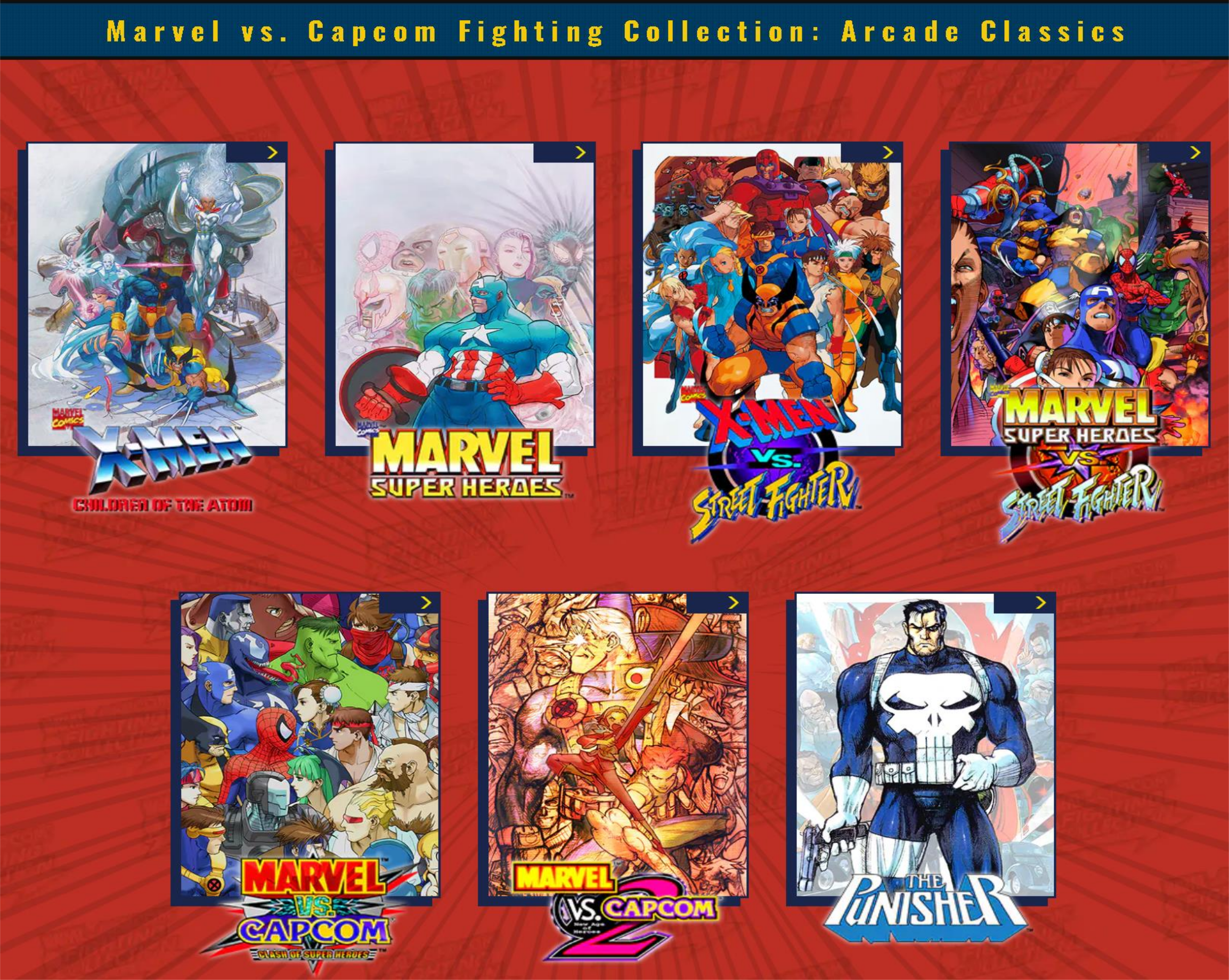 Collection de couvertures de jeux d'arcade Marvel vs. Capcom : X-Men, Captain America, et plus.