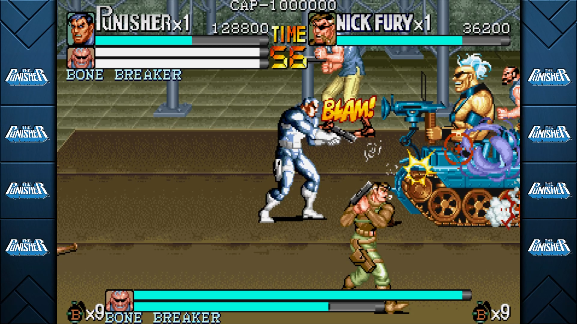 Écran de jeu d'arcade : Punisher et Nick Fury dans une bagarre de rue. Explosions et une bulle de texte « Blam ! »