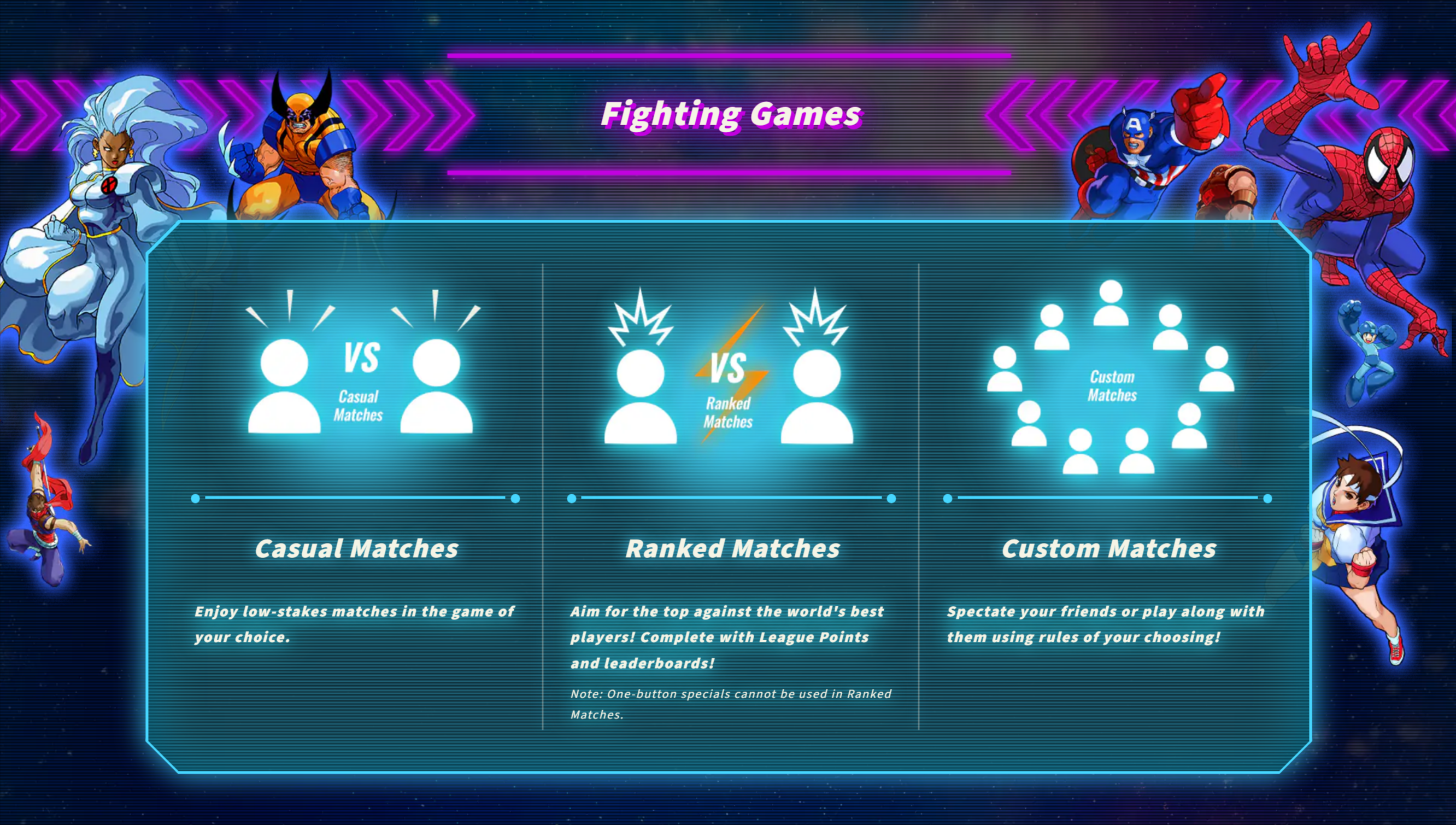 Écran de Jeux de Combat. Icônes : Matchs occasionnels, Matchs classés, Matchs personnalisés. Personnages : Tornade, Wolverine, Captain America, Spider-Man.