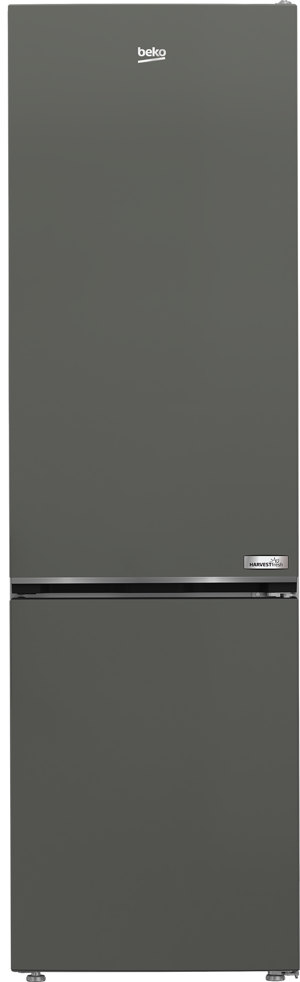 Hoher, dunkelgrauer Beko-Kühlschrank mit zwei Türen.