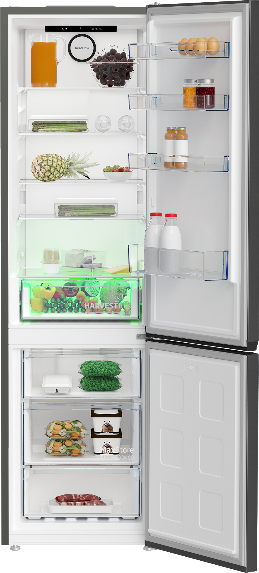 Offener Kühlschrank mit Lebensmitteln im Inneren. Enthält Obst, Gemüse, Flaschen und Behälter.