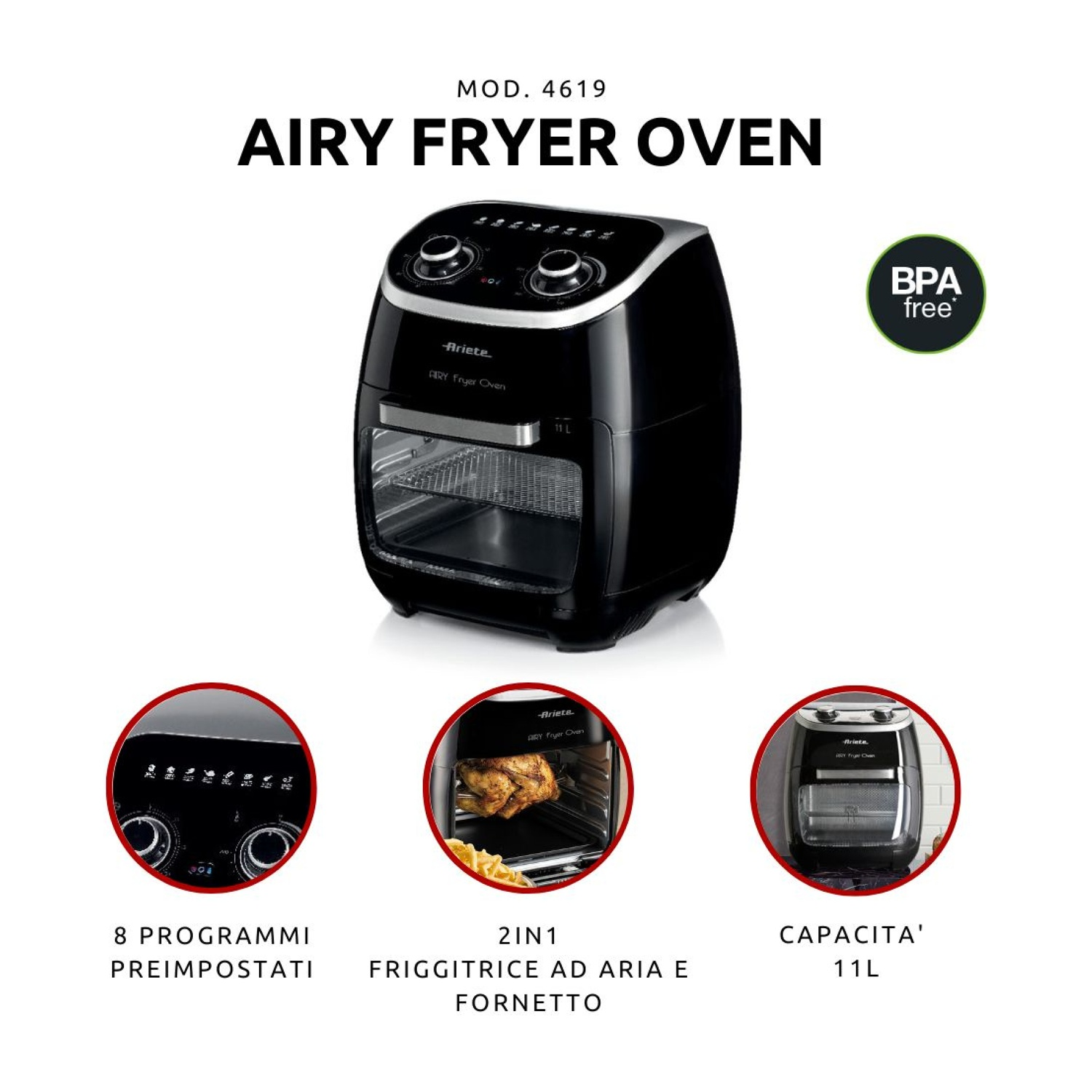 Forno friggitrice ad aria nero con tre scatti di dettaglio. Distintivo BPA free in alto a destra.