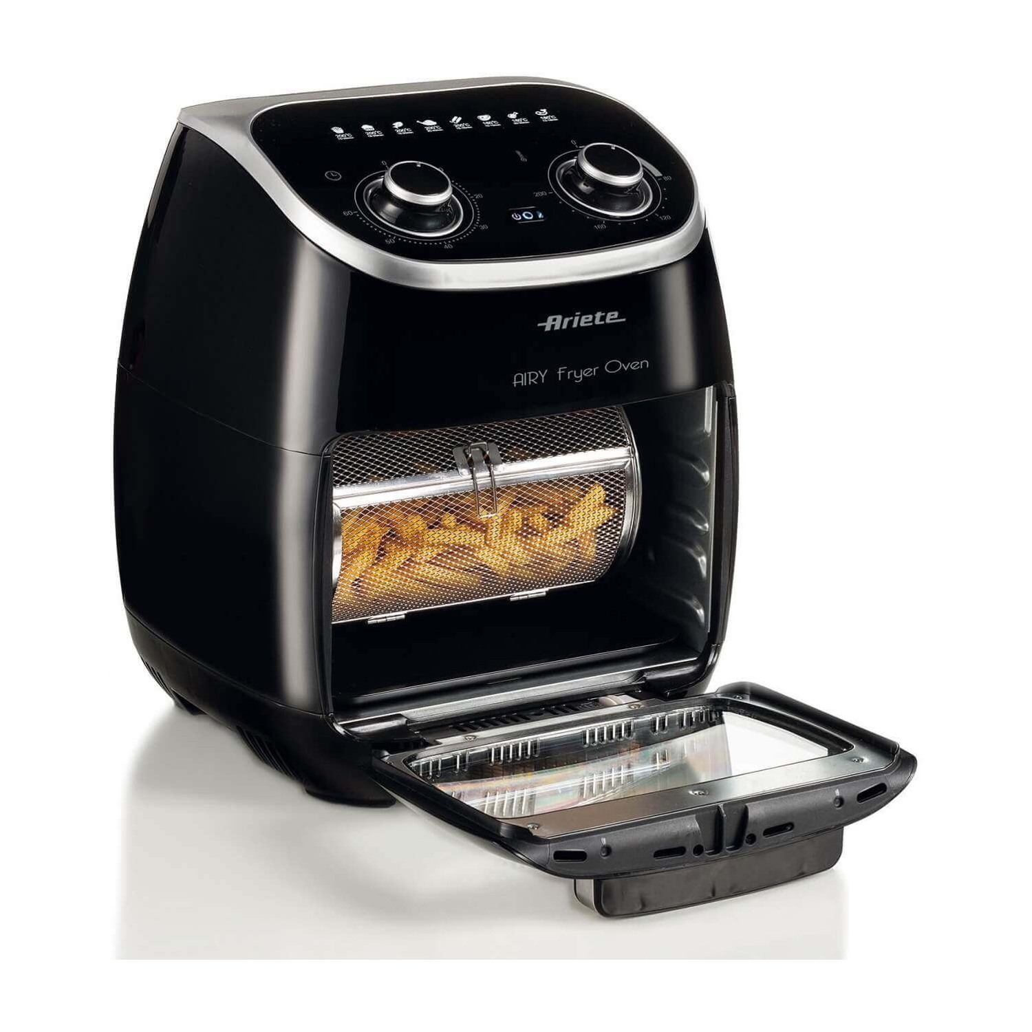 Forno friggitrice ad aria nero con porta aperta e cibo all'interno; controlli in alto.