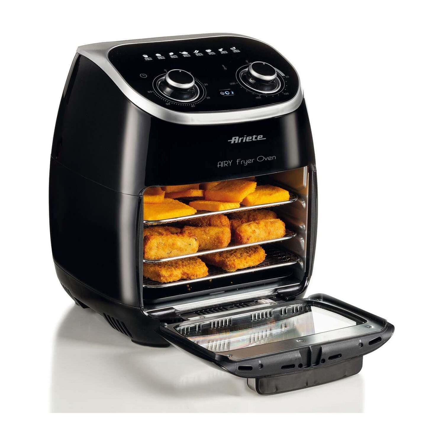 Forno friggitrice ad aria nero con porta aperta. Cibo all'interno sui ripiani. Comandi visibili sopra.