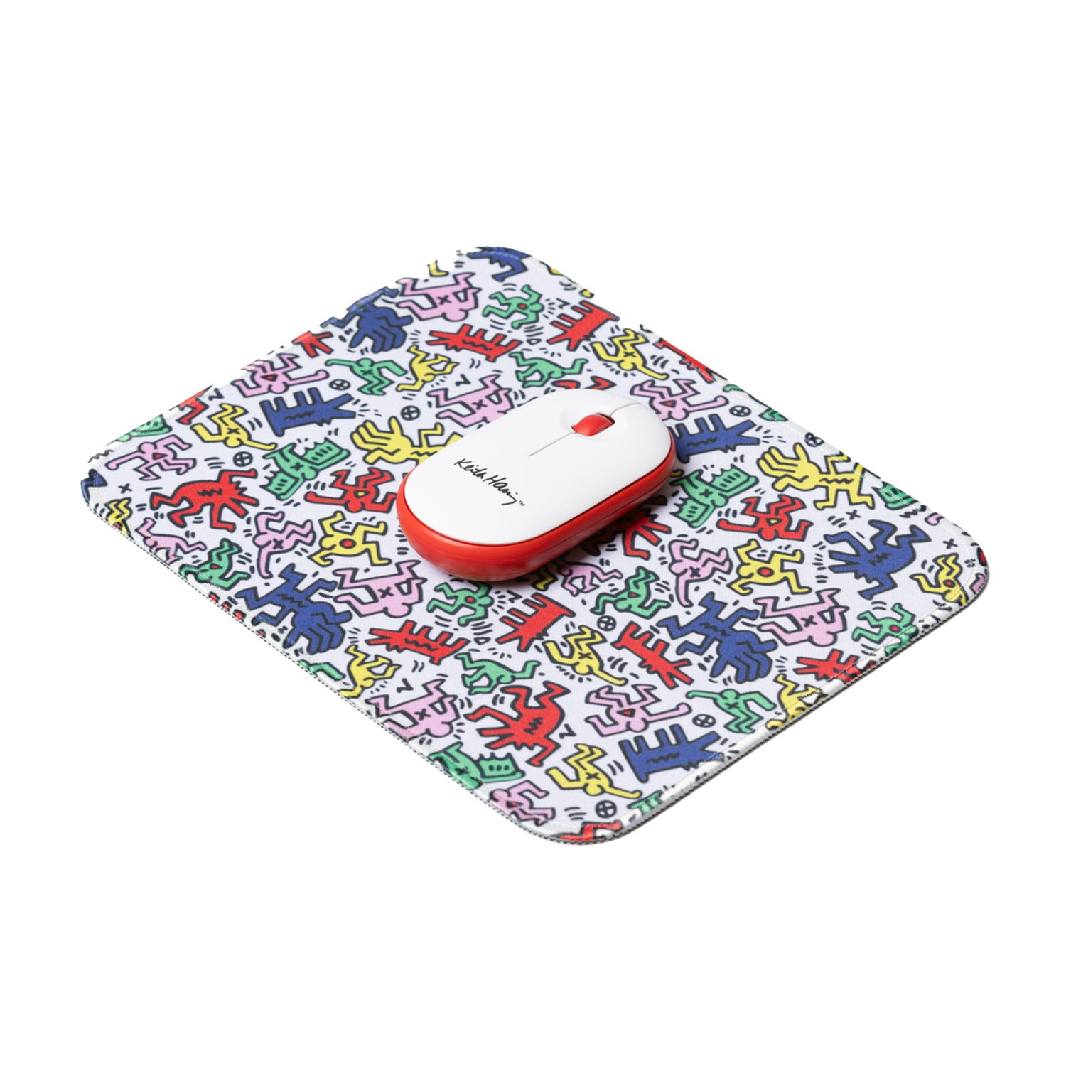 Tappetino per mouse con arte di Keith Haring e un mouse rosso e bianco. Isolato su bianco.