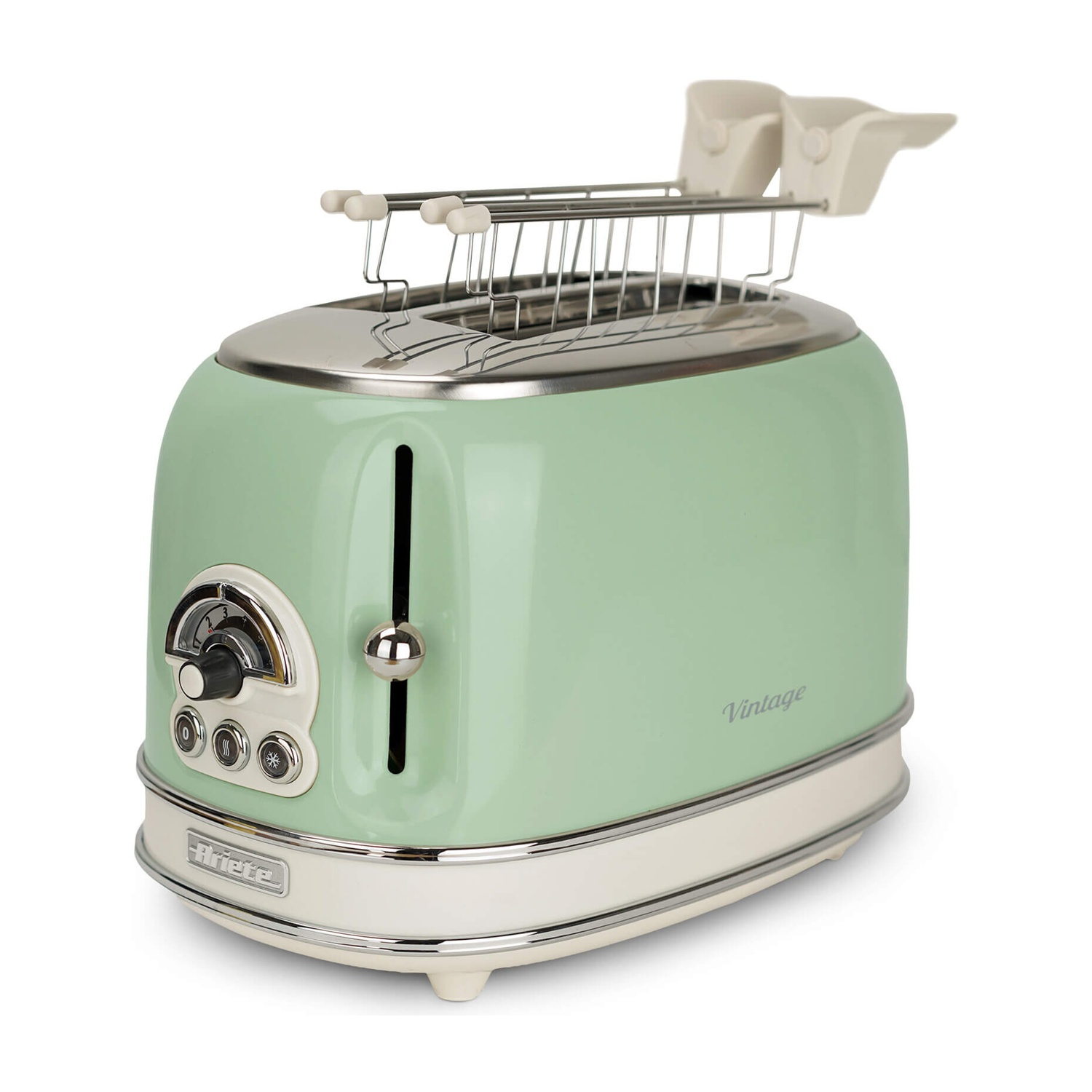 Tostapane vintage verde menta con dettagli cromati. Ha una leva e una manopola per le impostazioni.