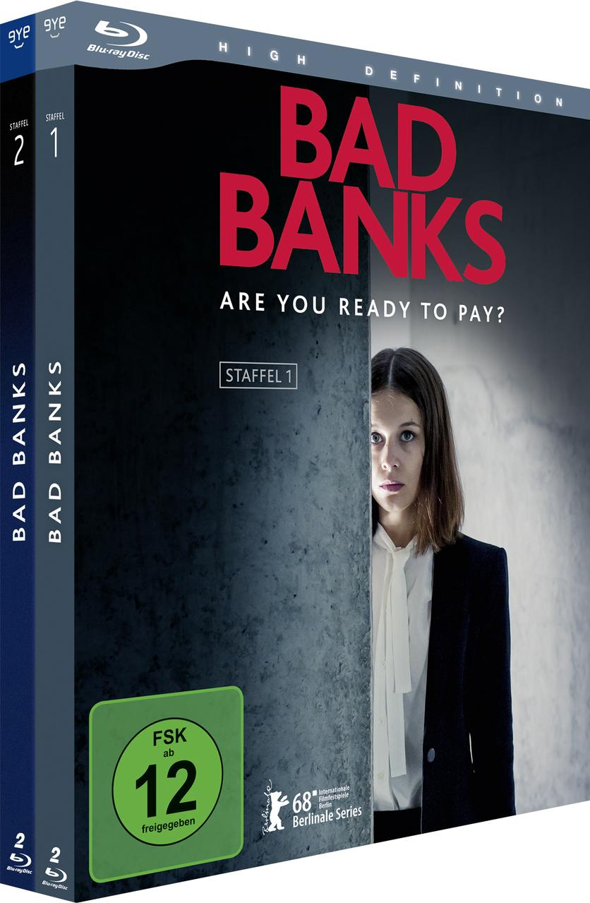 Bad Banks Blu-ray-Box-Set mit einer Frau, die hinter einer Wand hervorlugt.
