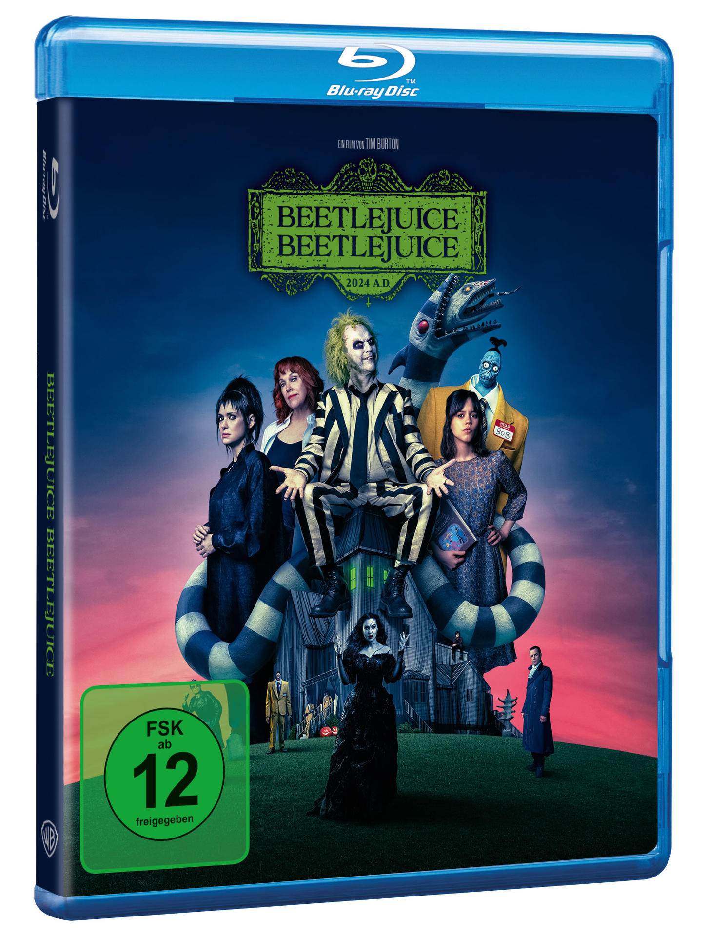 Beetlejuice Blu-ray-Disc-Cover mit einer Gruppe von Charakteren.