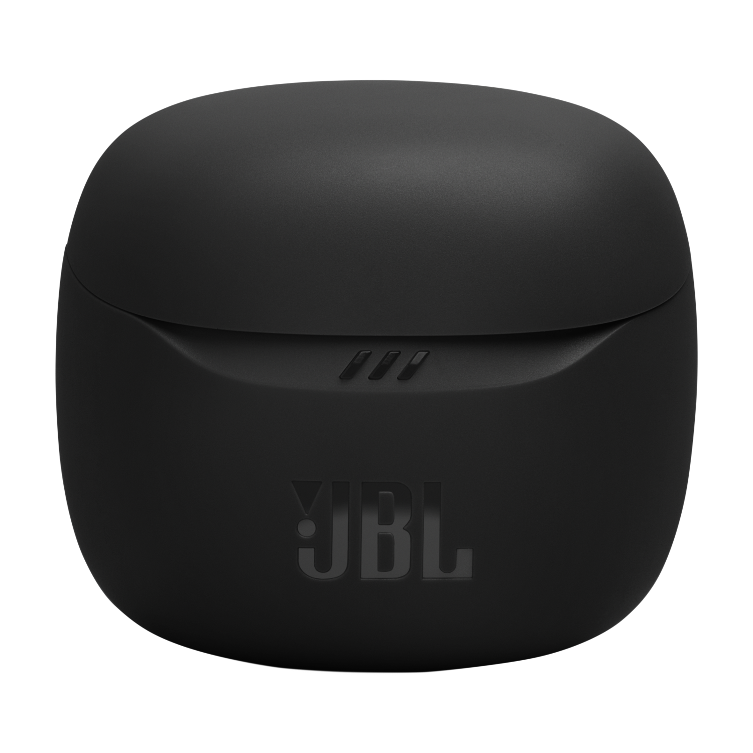 Een gesloten zwarte JBL oplaadcase met het JBL-logo, met een gladde, matte afwerking.