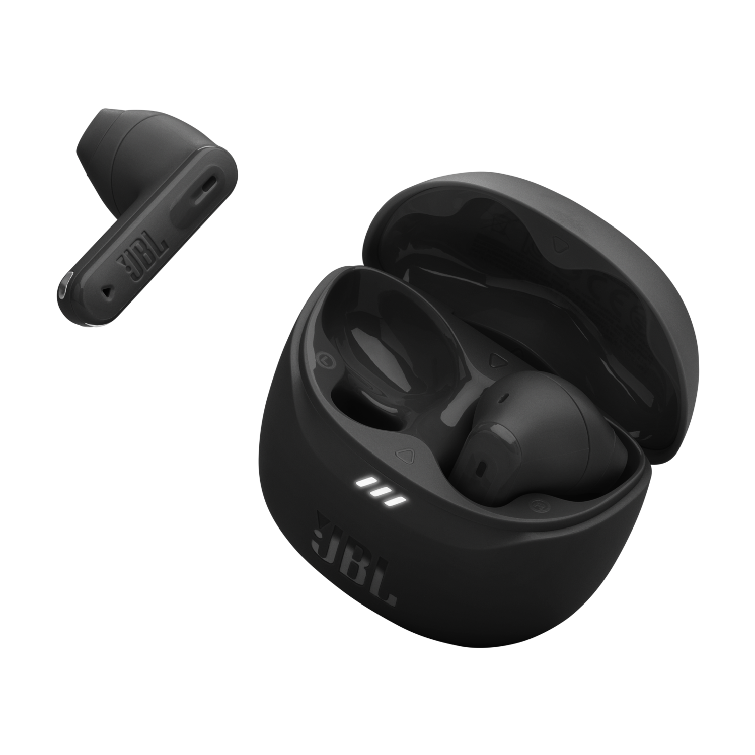 Zwarte JBL draadloze oordopjes met oplaadcase, op een zwarte achtergrond.