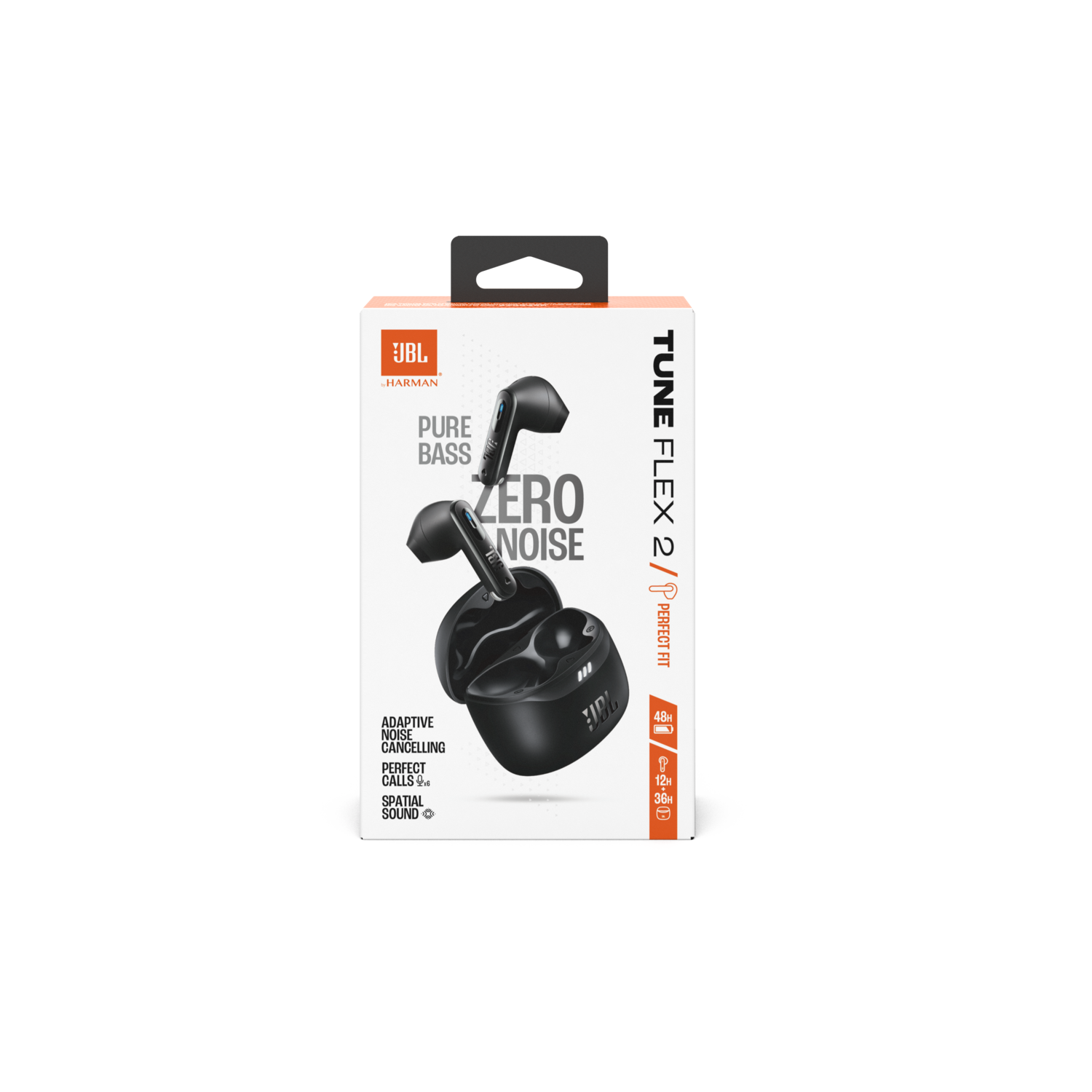 Doos met zwarte JBL Tune Flex 2 oordopjes, met productinfo.