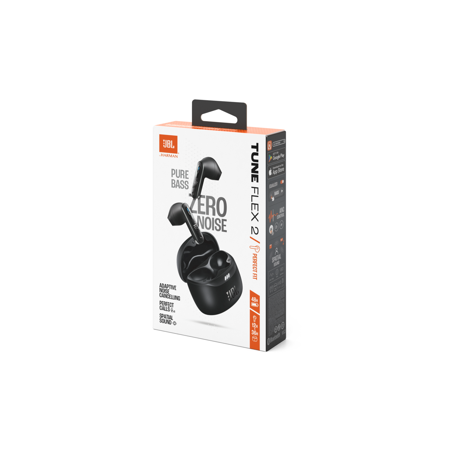 JBL Tune Flex 2 oordopjes doos. Toont oordopjes, functies en logo's.