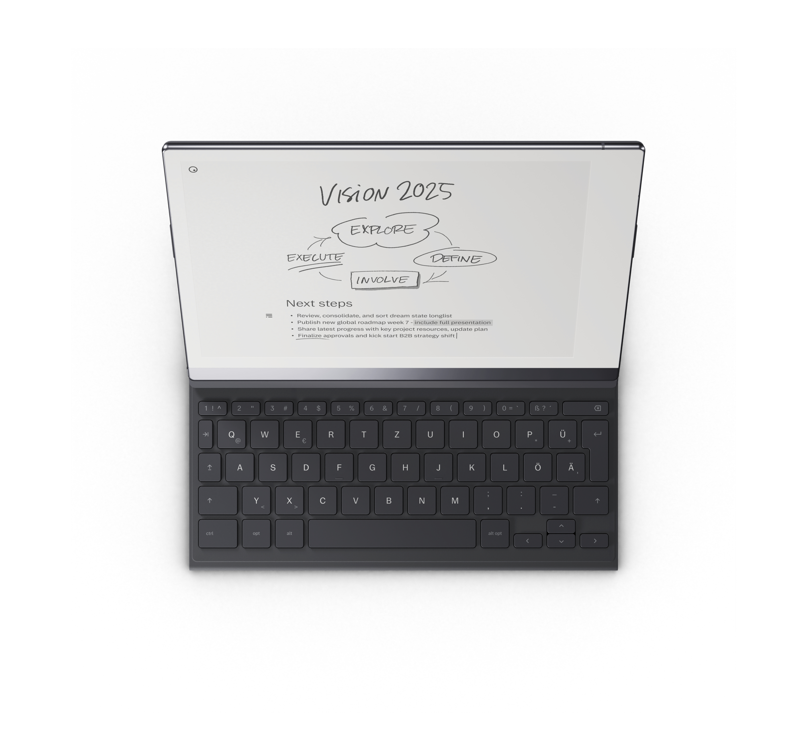 Ein Tablet mit Tastatur. Der Bildschirm zeigt einen Plan mit dem Wort EXPLORE als Fokus.