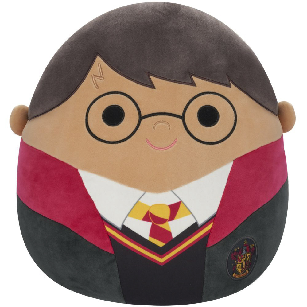 Plüsch Harry Potter, runde Form, braune Haare, Brille, Gryffindor Krawatte und Uniform.