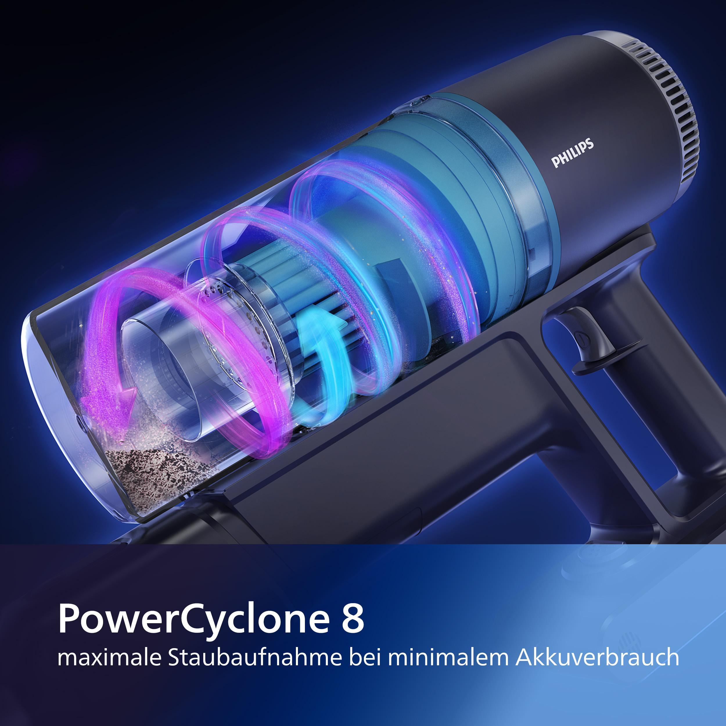 Schnittansicht eines Philips Staubsaugers mit Innenkomponenten. PowerCyclone 8-Etikett.