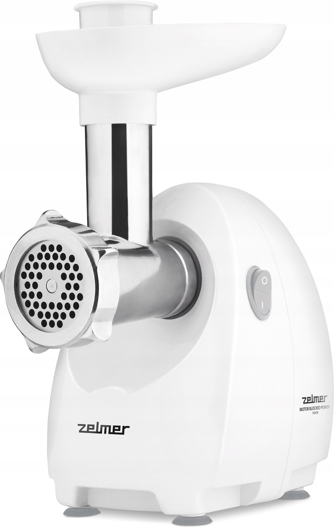 Biała maszynka do mięsa Zelmer. Maszynka ma srebrną metalową część i szary przycisk zasilania. Białe tło.