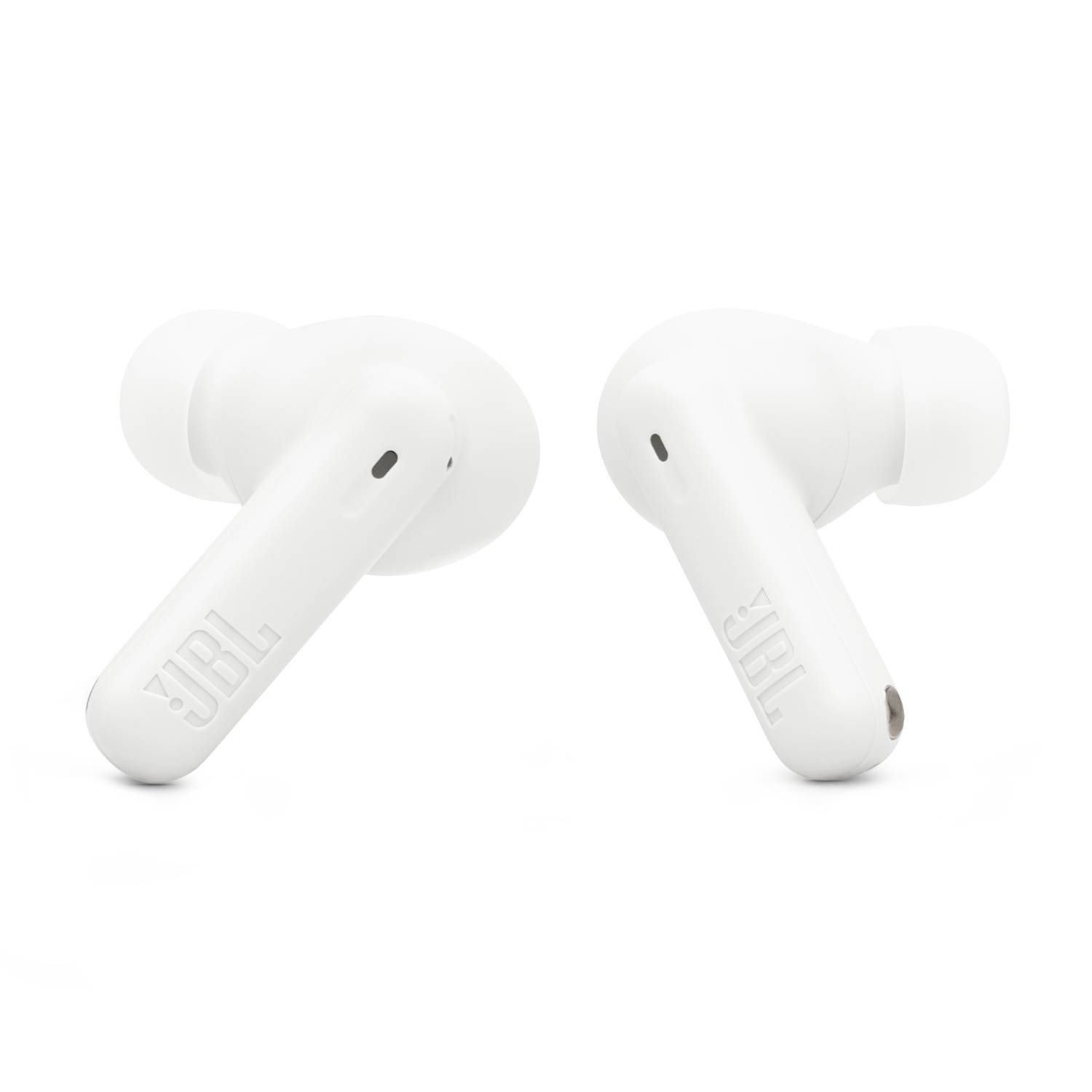Two white JBL earbuds, each with the JBL logo. The earbuds are on a white background.