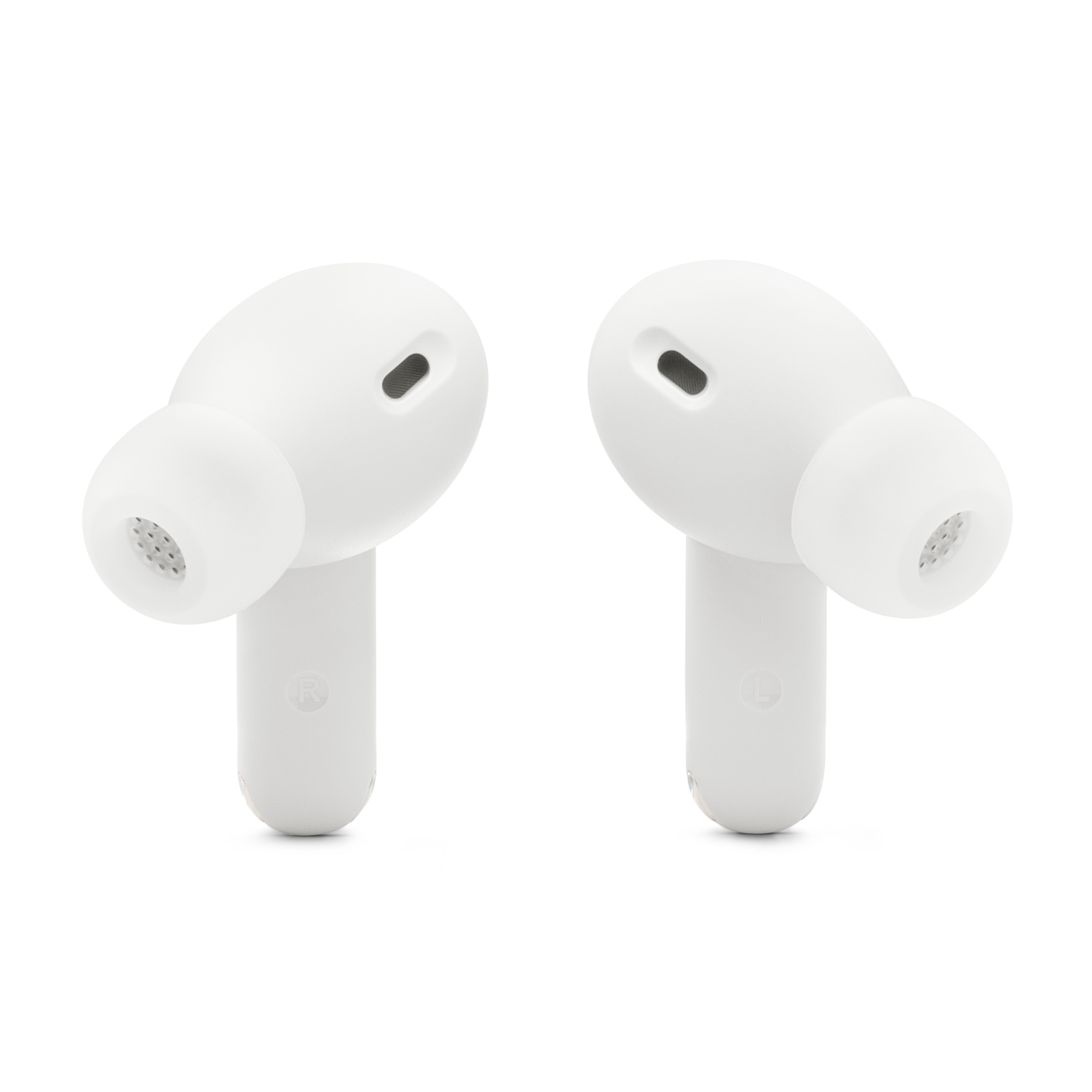 Two white earbuds on a white background. The earbuds are side-by-side, and isolated.
