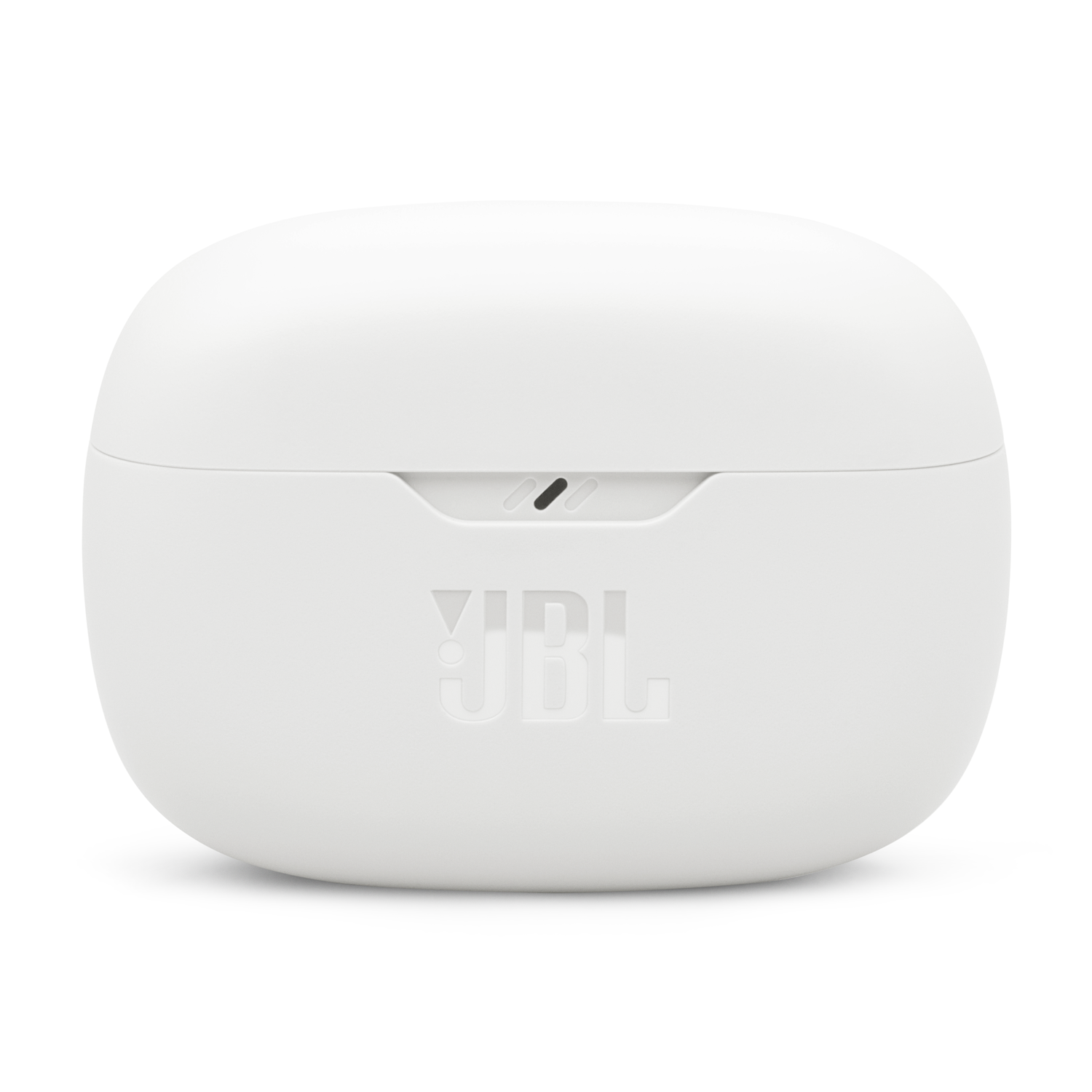 White earbud charging case with the JBL logo embossed on the front.
