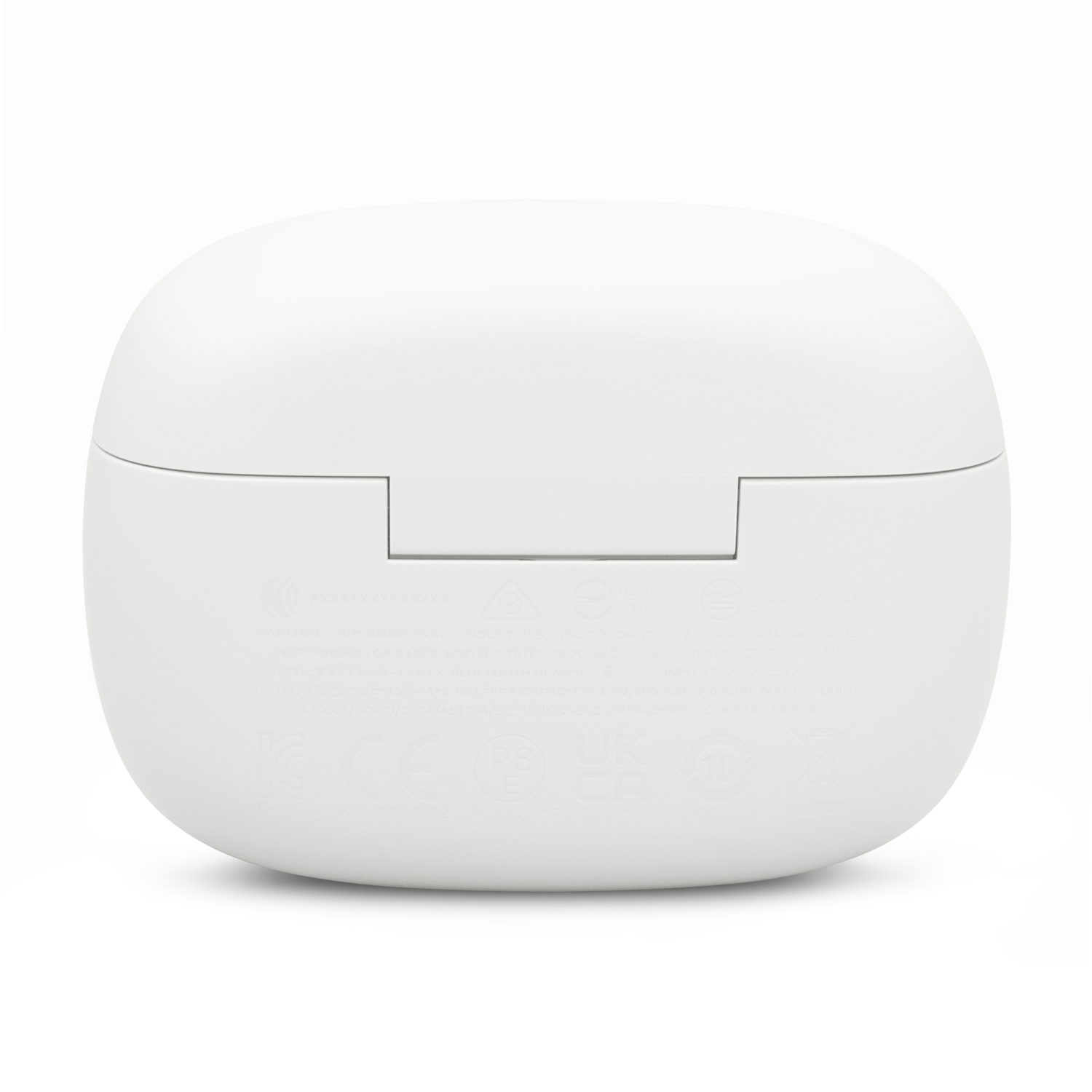 White charging case for earbuds. The case is closed and has a logo.