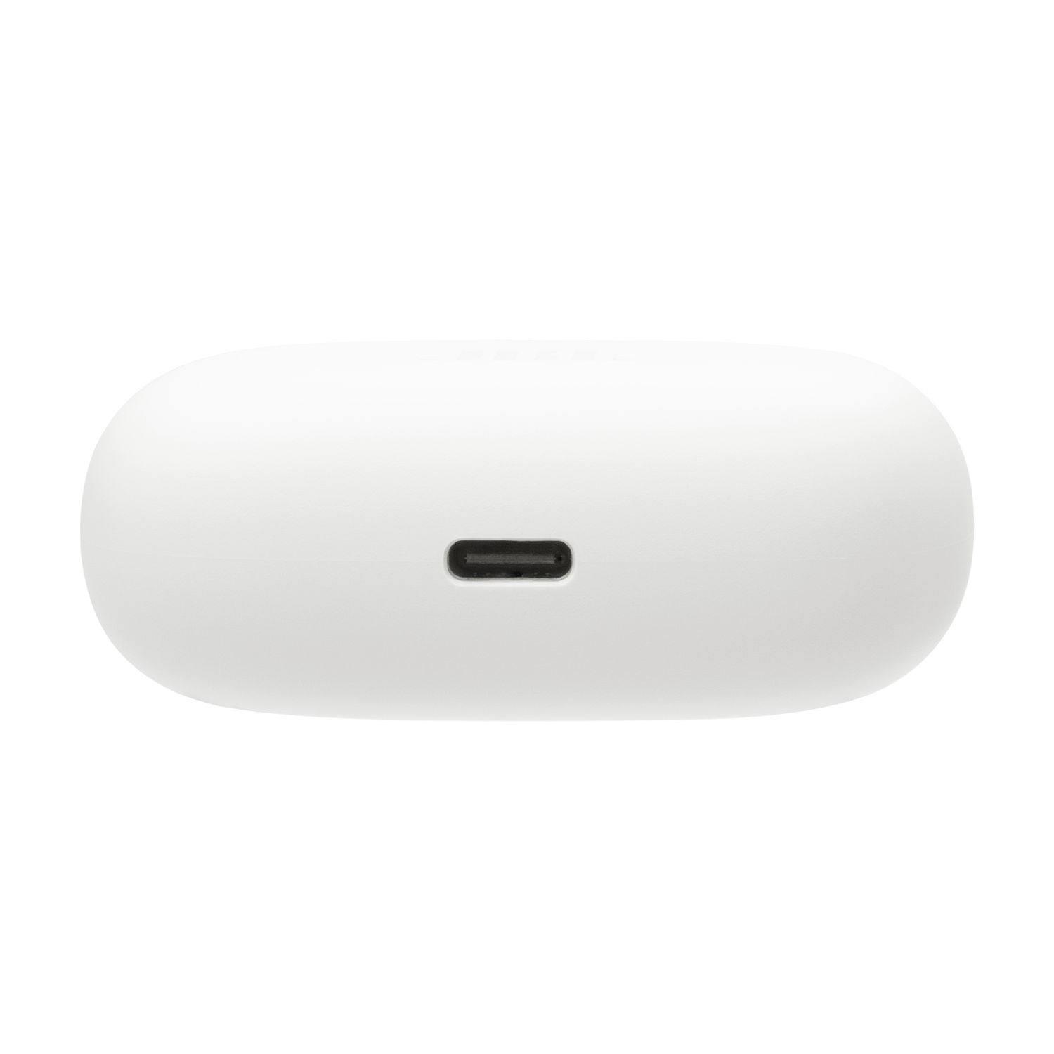 White oval earbuds charging case with a USB-C port. Simple and clean, white background.