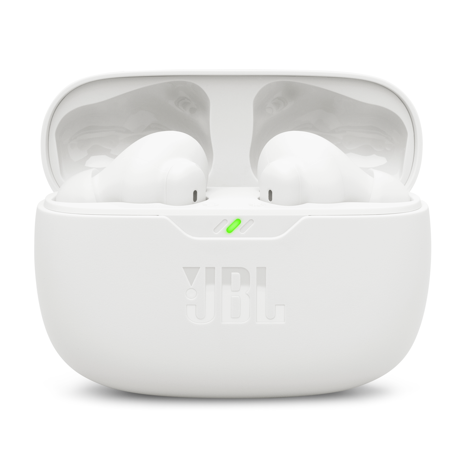 White JBL earbuds in an open charging case, with a green light indicating charging status. Isolated on white.