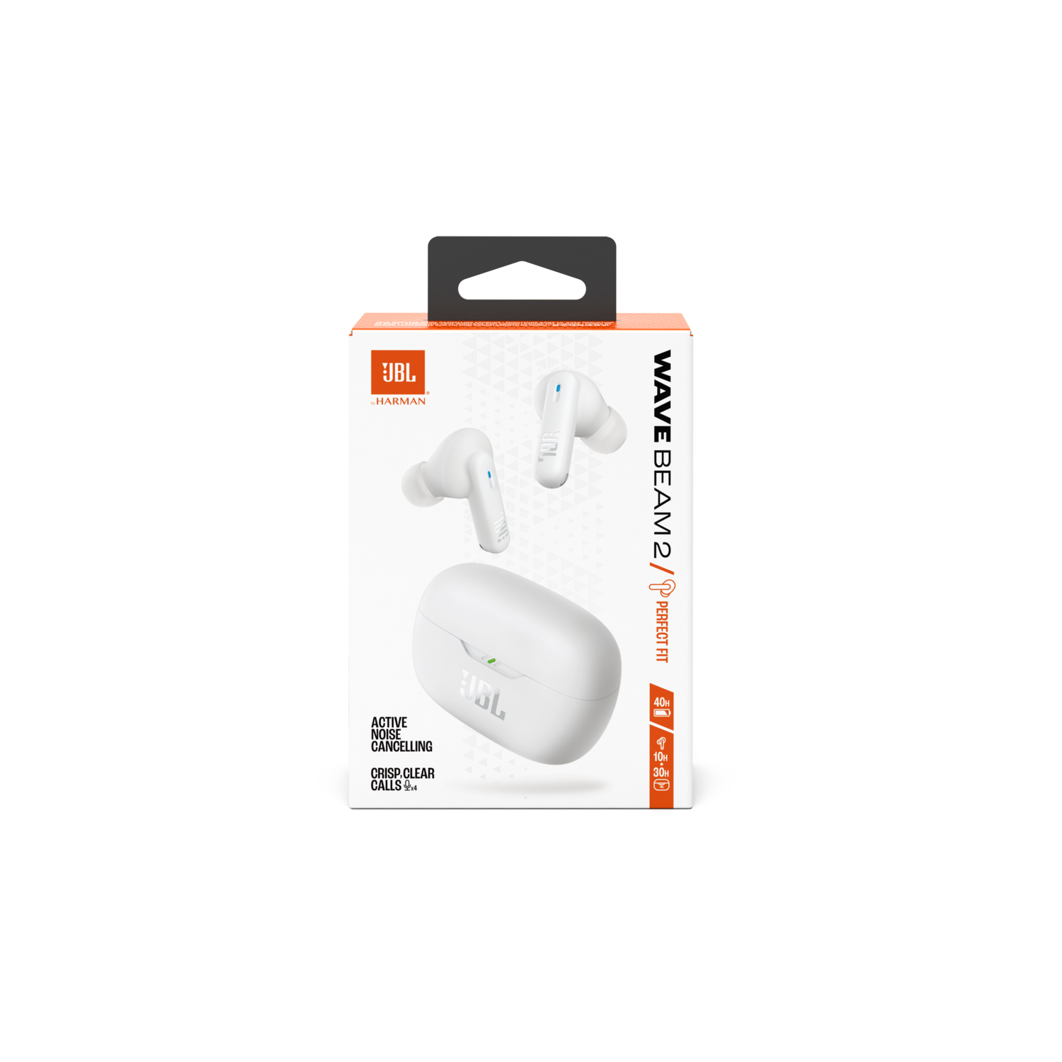 A box of white JBL earbuds with a charging case, labeled 'Wave Beam 2'.