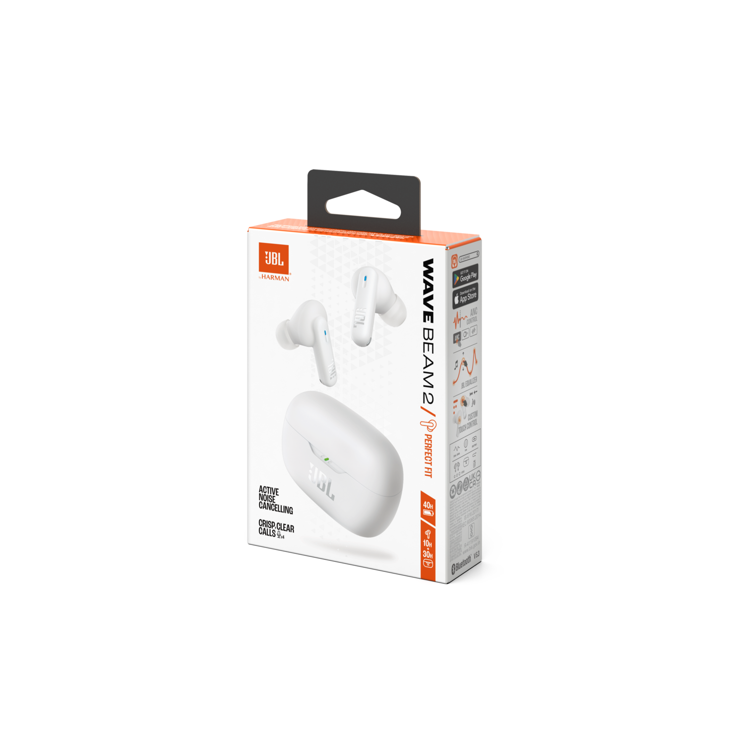 White JBL earbuds in a box, with branding and features listed.