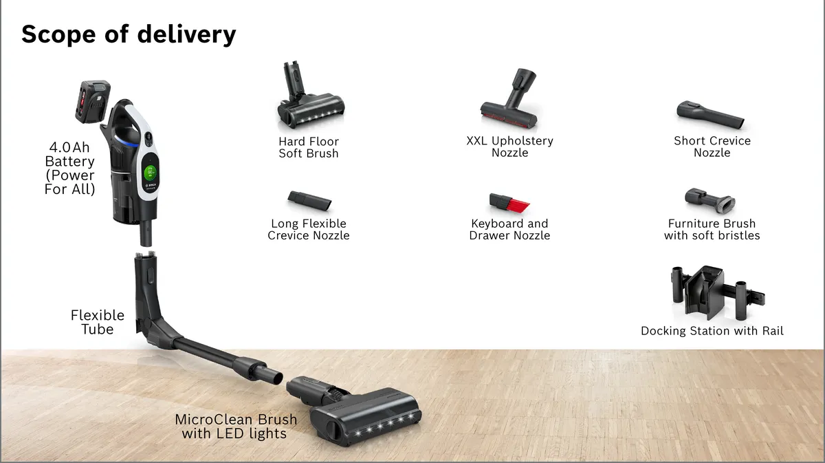Części odkurzacza: bateria, rura, szczotka MicroClean, szczotka do twardych podłóg, dysze i stacja dokująca.