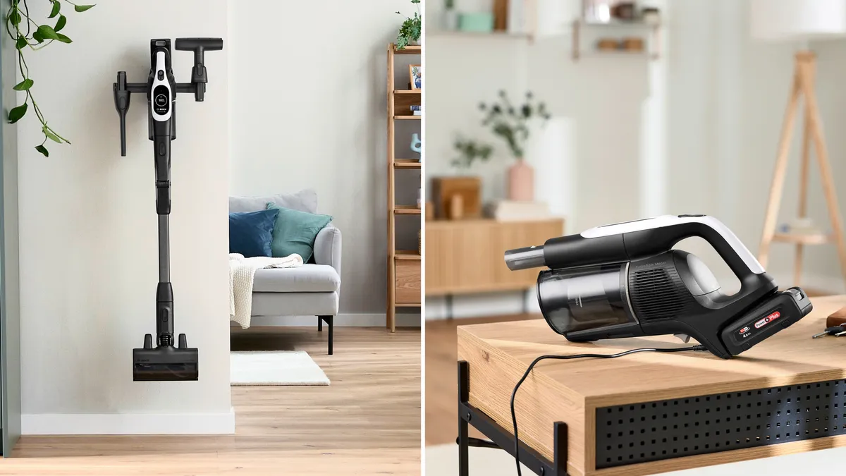 Dwa zdjęcia czarno-srebrnego odkurzacza, jeden zamontowany, drugi na biurku.