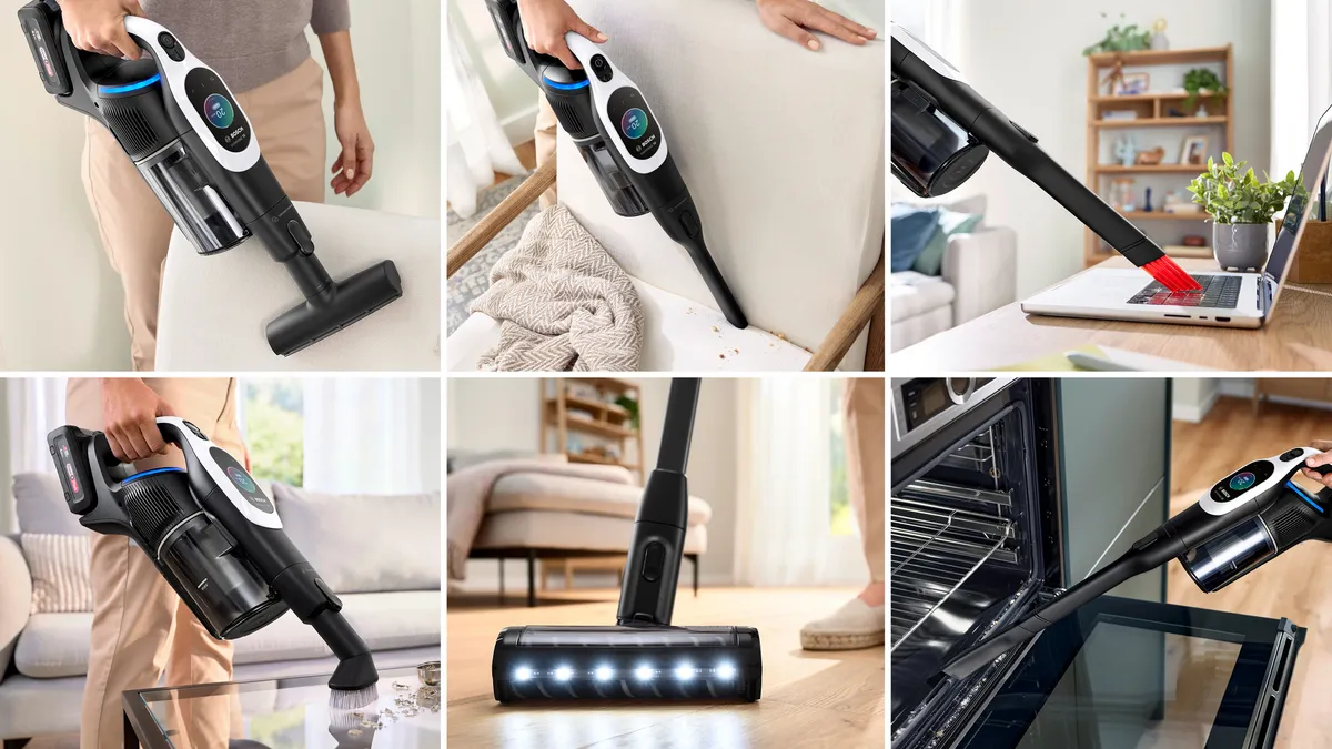 Kolaż odkurzacza Bosch w użyciu na różnych powierzchniach i przedmiotach.